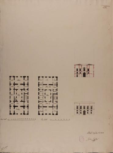 Plantas baja y principal, alzado de la fachada principal y sección de una casa para un caballero con familia