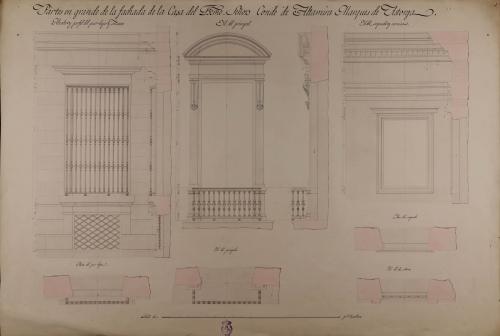 Partes en grande de la planta, el alzado y perfil del piso bajo, de sótanos, del piso principal, segundo y del cornisamento de la fachada del palacio del conde de Altamira que dispuso y ejecutó Ventura Rodríguez