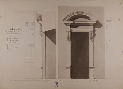 Alzado y sección de la ventana principal y los perfiles de la cornisa, imposta, ventana alta y ventana baja de la fachada que en la casa del conde de Altamira dispuso y ejecutó Ventura Rodríguez