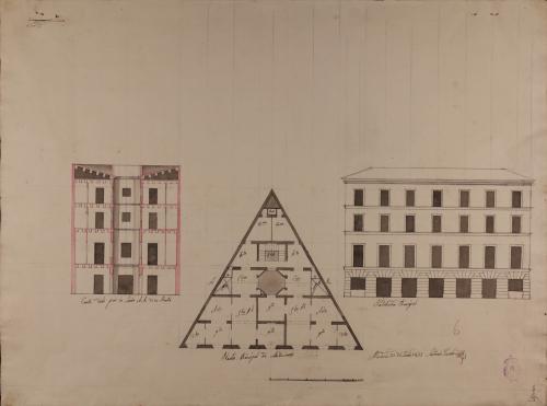 Planta principal, alzado de la fachada principal y sección AB de una casa para inquilinos sobre un triángulo equilatero de 100 pies de lado