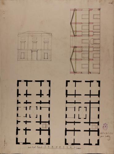 Plantas, alzado de la fachada principal y sección de una casa particular