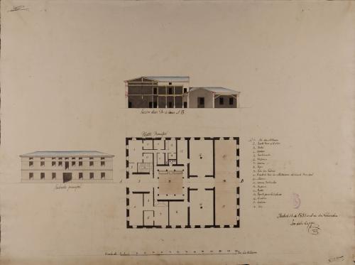 Planta principal, alzado de la fachada principal y sección AB de una casa para un particular