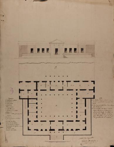 Planta y alzado de las fachada principal de una casa de campo para el recreo de un caballero de conveniencias, con un sólo cuerpo o planta noble