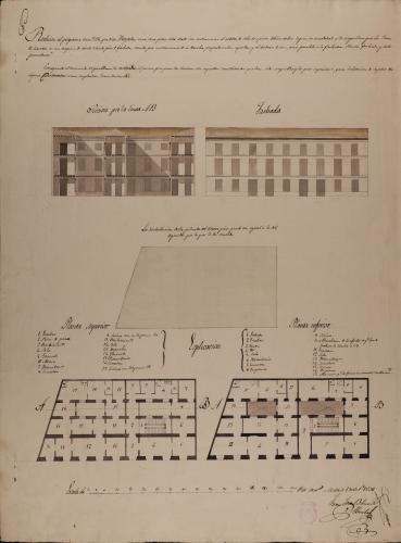 Plantas baja y principal, alzado de la fachada principal y sección AB de una casa de inquilinos para Madrid