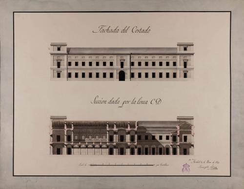 Alzado de la fachada lateral y sección CD de una casa para un rico propietario de Jerez de la Frontera