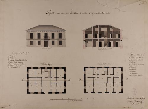 Plantas baja y principal, alzado de la fachada principal y sección AB
