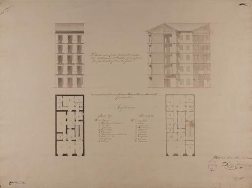 Planta baja y principal, alzado de la fachada principal y sección de una casa particular entre medianerías