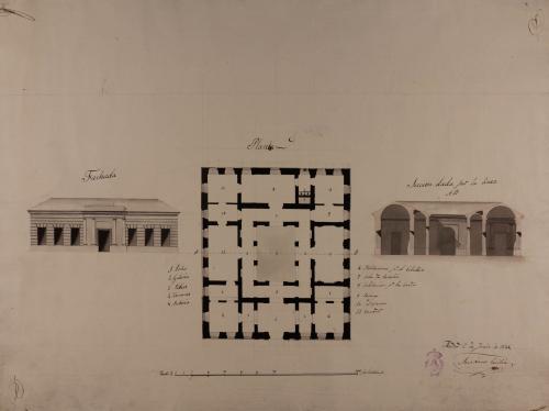 Planta, alzado de la fachada principal y sección AB de una casa de un caballero para vivir en la Corte