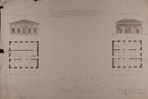 Planta de ambas casas, alzado de la fachada principal y sección AB de una casa para un párroco inmediata a la iglesia, y otra igual al lado opuesto para los enseres de la iglesia, con vivienda y oficinas para el sacristán