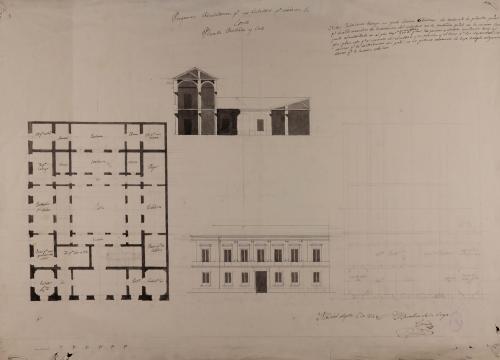 Planta, alzado de la fachada principal y sección de una casan de un caballero para vivir en la Corte