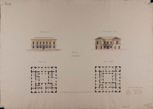 Plantas baja y principal, alzado de la fachada principal y sección AB de una casa para un particular en un terreno de figura y dimensiones arbitrarias
