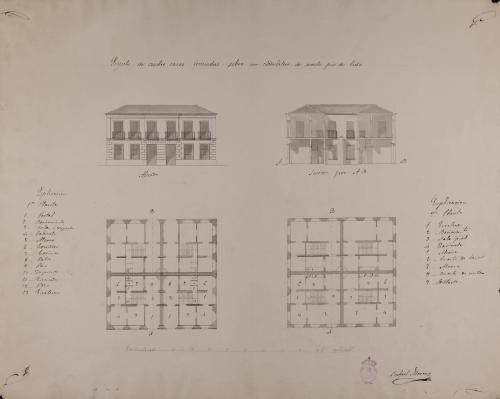 Plantas baja y principal, alzado de la fachada principal y sección AB de cuatro casas formadas sobre un cuadrilátero de sesenta pies de lado