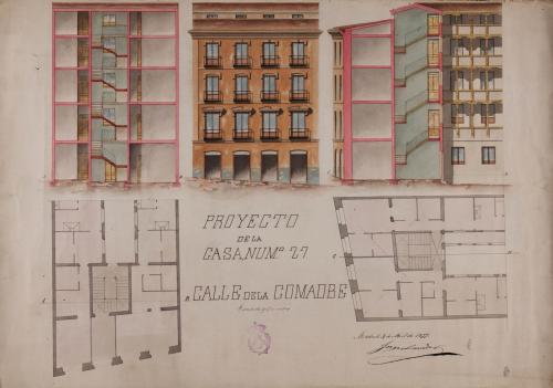 Plantas, alzado de la fachada principal y secciones del proyecto de reforma de la casa nº 27 de la calle de La Comadre