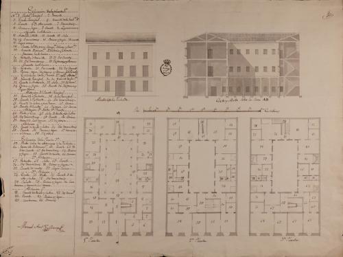 Plantas baja, primera y segunda; alzado de la fachada principal y sección AB de un casa de viviendas para particulares entre medianerías
