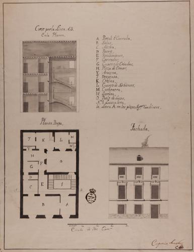 Planta baja, alzado de la fachada principal y la sección AB de una casa particular