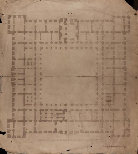 Planta de un palacio real con capilla, atrios y escalera