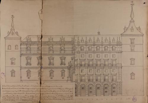 Mitad del alzado de la fachada principal y de la fachada interior que da al patio del Alcázar de Toledo