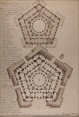 Plantas baja y principal de un palacio o casa de arquitectura oblicua con la distribución conveniente