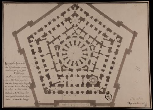 Planta de los fundamentos y sótanos, alumbrados por el foso y patio de un palacio o casa de arquitectura oblicua con la distribución conveniente