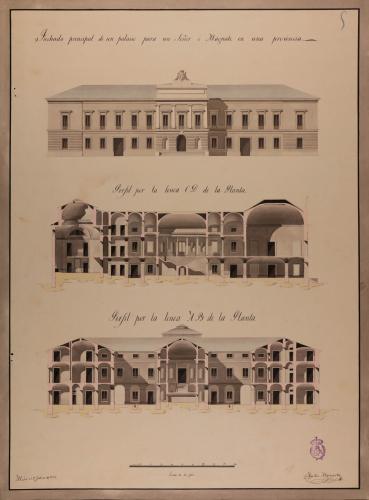 Alzado de la fachada principal y las secciones AB y CD de un palacio para un señor o magnate en una provincia