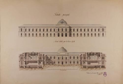 Alzado de la fachada principal y sección AB de un palacio de un príncipe para una capital de provincia de tercer orden