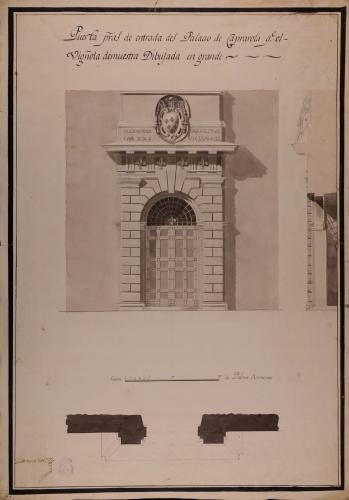 Planta, alzado y sección de la puerta principal de entrada al palacio de Caprarola, que Vignola demuestra dibujada en grande