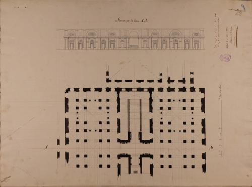 Planta y sección AB de un atrio magnífico para el ingreso de un palacio real