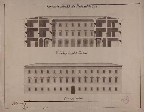 Alzado de la fachada principal y sección AB de una casa de campo para un particular
