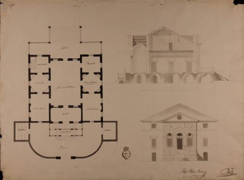 Planta, alzado de la fachada principal y sección longitudinal de una casa de campo o recreo para una persona con título