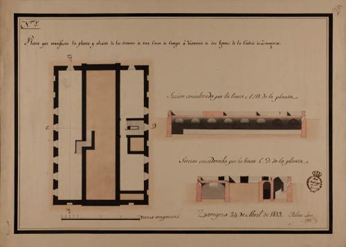 Planta de sótanos y las secciones AB y CD ed una casa de campo a dos leguas de Zaragoza
