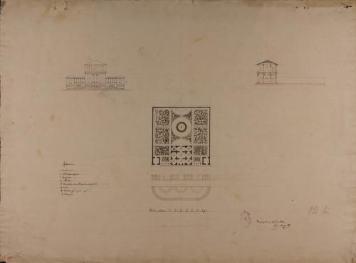 Planta general, alzado de las fachada principal y sección de una casa de campo para un señor de título, con jardines y estanques de recreo y pesca