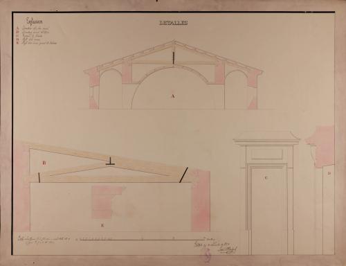 Detalles de la armadura, de una ventana y de la cornisa de la fachada principal de una casa de campo para un príncipe