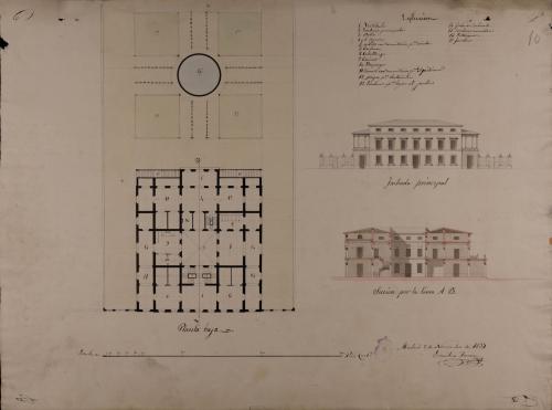 Planta baja, alzado de la fachada principal y sección AB de una casa de campo para un señor de título, con jardines y estanques