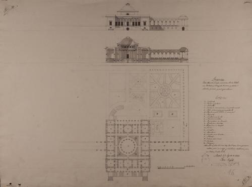 Planta, alzado de la fachada principal y sección de una casa de campo para un señor de título, con jardines y estanques