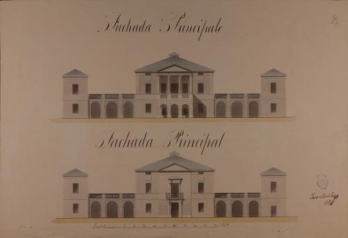 Alzado de la fachada principal y la que da al jardín de una casa de campo y labor para un caballero hacendado, a una legua de la villa de Muchamiel