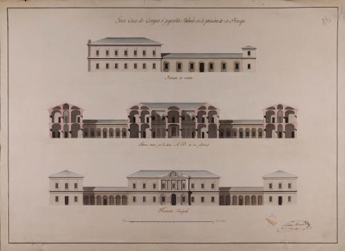 Alzado de las fachadas principal y lateral y sección AB de una gran casa de campo o pequeño palacio en la posesión de un príncipe o un potentado