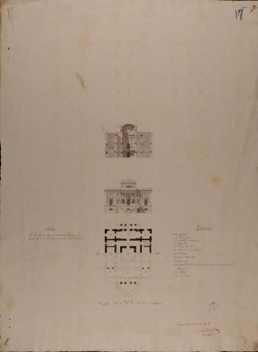 Planta principal, alzado de la fachada principal y sección AB de una casa de campo en un paralelogramo proporcionado, para un personaje de primera clase