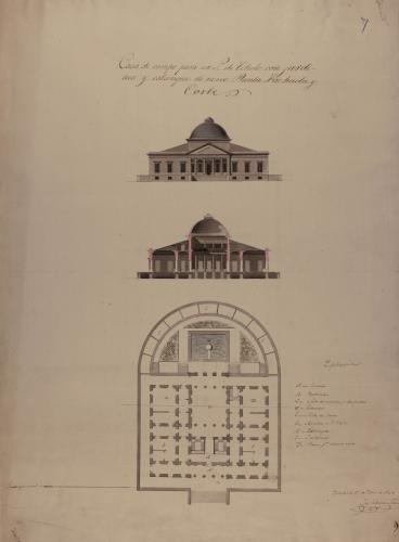 Planta, alzado de la fachada principal y sección de una casa de campo para un señor de título, con jardines y estanques de recreo