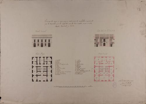 Plantas baja y principal, alzado de la fachada principal y sección AB casa de campo para un matrimonio de comodidades para disfrute de tres a cuatro meses al año