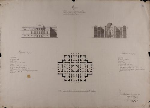 Planta, alzado de la fachada principal y sección de una casa de campo para un señor de título, con jardines y estanques de recreo