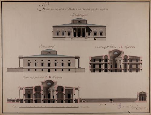 Alzado de las fachadas principal y lateral, y las secciones AB y CD de una casa de campo para un señor