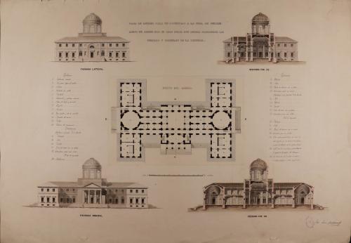 Planta, alzado de las fachadas principal y lateral, y las secciones AB y CD de una casa de recreo para un potentado