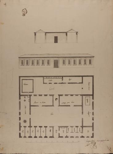 Planta, alzado de la fachada principal y sección de una casa de labor