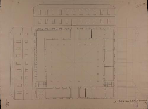 Planta, alzado de las fachadas principal y lateral, y sección de un edificio civil