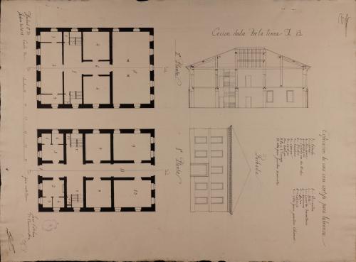 Plantas baja y principal, alzado de la fachada principal y sección AB de una casa cortijo o de labranza para un labrador acomodado
