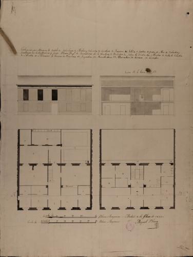 Plantas baja y principal, alzado de la fachada principal y sección AB de una casa para un particular en un terreno de figura y dimensiones arbitrarias