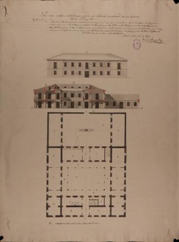 Planta baja, alzado de la fachada principal y sección AB de una casa-cortijo o de labranza para un labrador acomodado