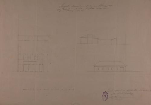 Planta, alzado de la fachada principal y sección longitudinal de una casa de labor para un labrador que tiene un par de mulas y labra tierras de pan, viñas y olivares