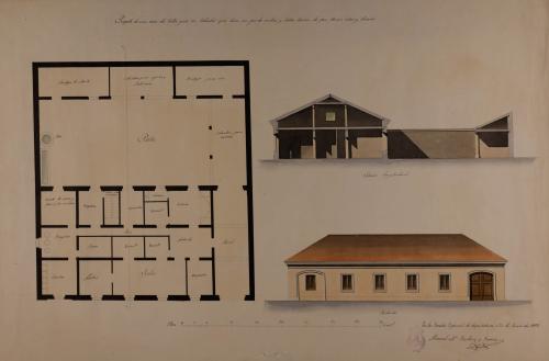 Plantas, alzado de la fachada principal y sección longitudinal de una casa de labor para un labrador que tiene un par de mulas y labra tierras de pan, viñas y olivares