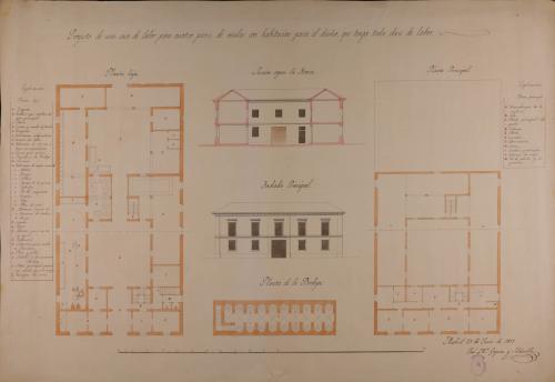 Plantas baja, principal y de la bodega; alzado de la fachada principal y sección transversal de una casa de labor para cuatro pares de mulas